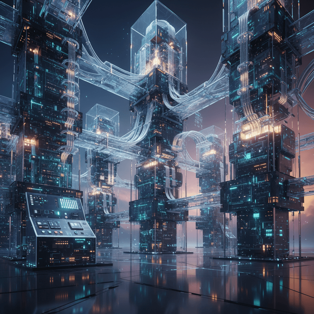 Dark server room with glowing cables and nodes