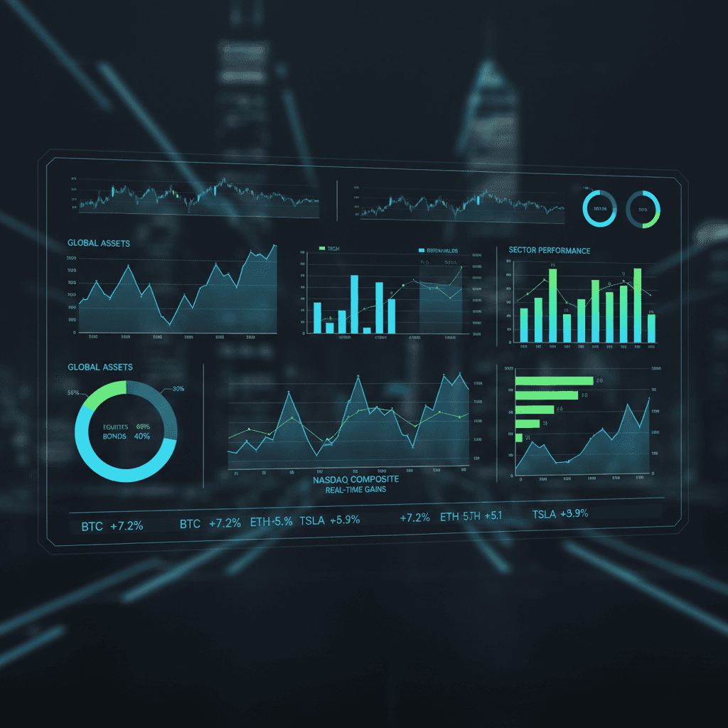 Dark analytics dashboard with glowing charts and graphs
