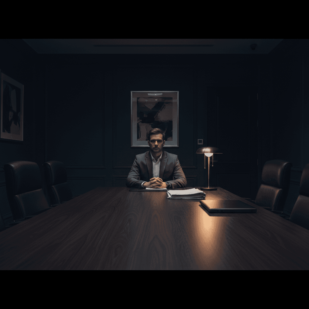 Dark corporate office environment with dim professional lighting